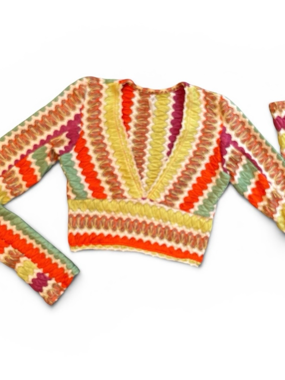 Free People Multicolor Chevron V-Neck Cropped Sweater